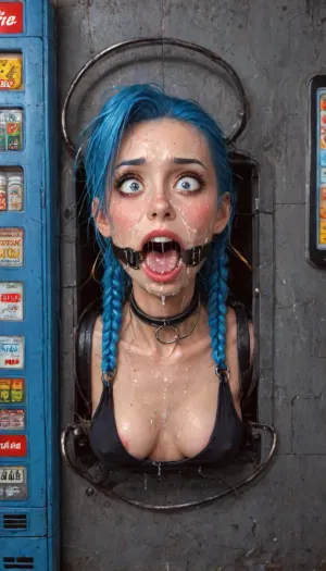 UHD, 8k wallpaper, (maximum quality:1.5), (ultra high resolution:1.7), (masterpiece:1.2), (full body view), award winning photo, (Extreme:1.25), (insanely detailed:1.9), (realism:1), (realistic:1.7), (hdr:1.4), hyper-detailed realistic body, hyper-detailed realistic face, (warm ambient light:.5), (dark shadows:1.4), Photorealistic masterpiece captured with high-end DSLR camera like Canon EOS 5D, ((hyperrealistic portrait of jinx in front of gray hound bus station in city panorama, beautiful hyperdetailed, excellent composition, best shadow, best illumination)), finely detail, cinematic angle, powerful radiant confident vibe, detailed background, dynamic angle, volumetric lighting, high detailed, high resolution, photorealistic, score_9, best quality, ultra photo quality, HDR, 4K, (((Jinx))), (detail Jinx:1.32), (detail jinx face:1.16), (hair in pigtails), (small perky breasts:1.3), cheating, full skinny figure, skinny thighs, wearing tight jinx costume, cleavage, (woman is stuck with her hips in a round hole with metal rim in a vending machine), (her bust is protruding from a round hole in the front of the vending machine:1.5), (stuck in hole with metal rim:1.3), (vending machine at night, slot for payment), (wide mouth spreader ring gag, gaping mouth:1.5), (leaning forward), (embarrassed, ashamed), (pleading expression:1.2), (terrified:1.6), (crying:1.2), (fear and panic:1.2), (box is low mounted, close to floor), (score_9, score_8_up, score_7_up, UHD 8K, masterpiece, best quality, maximum details, natural light, extreme realism, cinematic still), (huge penis:1.4), (she stares at erect penis in front of her face:1.3), (side view, she is looking up to viewer, submissive), (arms restrained to wall), (her arms left and right flat against the wall, multiple iron rings fixing her stretched arms against the wall:1.5), (iron rings restrain her arms to vending machine), (her arms are spread eagle against vending machine:1.8), (arms restrained with iron rings:1.8), (free-standing vending machine), (her face is covered in cum:1.6), (cum in er mouth:1.1), (bukkake, facial:1.5), heavy makeup, sweaty skin, slim feminine body with small natural B-cup bust firm and perky, very narrow toned waist, narrow curvy hips, small firm rounded buttocks, toned forearms and graceful hands with long fingers and manicured nails, height 171 cm, graceful and intellectual character, standing with one hand on hip, confident light expression, soft ambient lighting with gentle shadows hinting contours artistically, ultra-detailed skin texture and fabric details, pure realism, exhausted ecstatic expression, (masterpiece:1), hard nipples, hourglass waistline, perfect anatomic body, 35mm photograph, film, professional, 4k, hdr, photographic, ultra realistic, ultra high details, back light, jinx, (league, of, legends), <lora:Dark_Elf_Warrior:2>, <lora:zavy-brbrn-sdxl:2>, <lora:LCMTurboMix_Euler_A_fix:2>, <lora:JuggerCineXL2:2>, <lora:MIAOKA_JINX_1.0_SDXL:2>