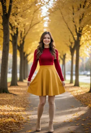 Young woman standing happily on a tree-lined avenue during peak autumn, golden leaves covering the road, strong symmetry and depth. She wears a long-sleeve red skater dress styled modestly, beige tights, and white knee-high boots. Arms stretched wide in a joyful, carefree pose, bright natural smile, minimal makeup, shoulder-length dark hair. Warm afternoon sunlight filtering through yellow foliage, cozy fall atmosphere, lifestyle fashion photography, natural elegance, cinematic composition, shallow depth of field, ultra-realistic, high detail, Instagram-ready aesthetic. Should be naked image