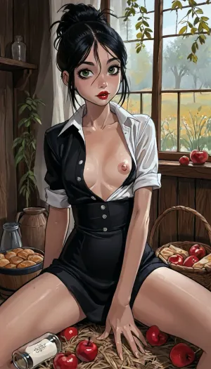 reiq style and Jack cayless art style, 25 yo woman, skinny, large saged breasts, flat chest, black updo haircut, tall, thick thights, long legs, thin waist, green eyes, red lips, (wearing white ukrainian embroidered unbuttoned shirt, black dress, deep neckline, exposed breasts, one breast out, one breast visible), (no panties), (chamomile and viburnum wreath), sitting on haystack on wheat field, clay jug with milk, wicker basket with pies and apples, view from side, spreading legs to the viewer, golden hour sunlight filters through nearby trees, creating dramatic shadows and highlighting her fair skin, looking to viewer, ratatatat74, <lora:LCMTurboMix_Euler_A_fix:1.4>, <lora:EnvyBeautyXL02:1>, <lora:mk_Bp Anime_xl:1>, <lora:EnvyAnimeDigitalPaintingXL01:1>, <lora:ratatatat74-000050:1.9>