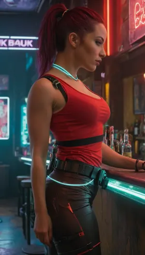 (((Cyberpunk 2077))), (((Super Ultra Detailed Claire Russell the Afterlife bartender from Cyberpunk 2077))), Extreme high rear three-quarter POV, camera positioned clearly above and behind, angled steeply downward, off-center composition, dominant rear framing, full-body shot, forced perspective, 1girl, solo, photorealistic adult woman, Claire, highly voluptuous curvy build, exaggerated feminine proportions, very full bust, heavy chest weight, deep pronounced cleavage, wide hips, thick thighs, extremely rounded glutes, deeply arched spine, extreme lower-back curve, hips pushed far back, pelvis tilted backward, leaning hard into the bar counter, forearms planted firmly on the bar, elbows bent, weight fully shifted forward, chest pressed downward, fabric tension across hips and thighs, pants pulled tight over curves, dark red shoulder-length hair, asymmetrical cut, side-swept bangs, head slightly turned to the side, confident sultry expression, half-lidded eyes, realistic skin texture, subtle skin sheen, (((tight sleeveless red tank top, compressed by posture, tight cyberpunk chest harness pulling fabric inward, very form-fitting utility pants emphasizing hips and glutes, rugged sneakers))), (arm-mounted tech device, wrist wraps, utility straps), (((Afterlife bar interior, Night City, neon bar lights glowing below frame, holographic signage, smoky air, gritty cyberpunk atmosphere, strong neon rim lighting tracing body curves))), moody high-contrast lighting, (((soft shadows emphasizing hips, waist, and back arch))), 50mm lens look, shallow depth of field, sharp focus, hyper-realistic detail, <lora:sdxl_cyberpunk:1.6>, <lora:glowneon_xl_v1:.8>, <lora:SDXLHighDetail_v6-000005:1.4>