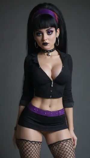 4K, UHD, masterpiece, best quality, (goth Pacifica Northwest from Gravity Falls:2), solo, Pacifica has Long black hair with bell-shaped bangs and dark blue eyes., sexy fishnet goth outfit, no panties., (heavy purple eyeshadow:1.3), and lavender hoop earrings., (adult Hourglass figure), busty, cleavage, (massive tits:1.6), huge hips, extreme seductive look, (sexy confident pose:1.5), (zoom in, close-up), presenting her asshole