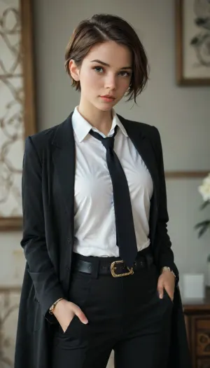 1girl, solo, Chinese girl, short pixie hairstyle, youthful suave face, bling ear stud, tight button shirt, skinny necktie, black pants, neat professional office wear, dark coat, fashionable women belt, expensive watch, proud and confident look, 4ng3l, face, <lora:SDXL_BetterFaces-LoRA_v1:1.2>, <lora:style_lora_realis:1.8>