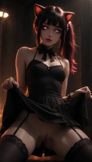 Charming petite girl, (Multicolour red_purple Hairstyle), (charming purple eyes, bright glowing pupils:1.5), (dark background), HD, (cat ears), (reiq style:1), red lips, runny mascara, flat chest, huge ass, wasp waist, long brown hair, left side ponytail with wispy bangs, bright glowing aura, medium black hair with blunt bangs, bobbed hair, long blue hair with split bangs, breasts exposed, erect pink nipples, navel exposed, aroused pink vagina exposed, large neck black bow ribbon with pikes, black lace garter belt and stockings, cinematic, detailed, front view, sweaty skin, dark face makeup, no panties, (reiq meets innv and markgavatino style:1), 1woman, covered in tattoos, lots of tattoos, black hair with highlights, tied hair up ponytail, spiked choker, spiked bracelets, glamorous goth makeup, black lipstick, ((small breasts)), (very realistic pussy:1.5), breasts bulging out top, red plaid mini skirt, black garter belt underneath, black fishnet stockings, lifted skirt, black thong exposed, queen of spades branded thong, dynamic pose, (bright glowing white aura:1.5), (aura around body:1.5), spread legs, Rory Mercury, 1 girl, Gorgeous 35-year-old girl, masterpiece, 8K, realistic, detailed body, correct female anatomy, clothed, looking at viewer, smiling, demonstrating, vagina visible from below, solo, brown eyes, black hair, hair clip, white collared shirt, pleated skirt, black lace thigh-high stockings, sitting, standing, walking, talking to viewer, posing, street, beach, sea, summer, tropics, rorymercury, black gothic dress with red elements, gothic dress, fluffy dress, bow on head, black bow with red ribbons at the edges in gothic style, long black hair, <lora:zavy-hrglw-sdxl:2>, <lora:DetailedEyes_V3:2>, <lora:PLASTT:1>, <lora:dark:2>, <lora:RoryMercury_xl:2>