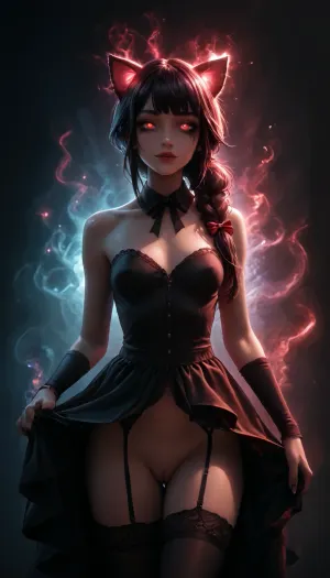 Charming petite girl, (charming red eyes, bright glowing pupils:1.5), Night, ultra detailed, HD, (cat ears), (reiq style:1), red lips, runny mascara, flat chest, huge ass, wasp waist, long brown hair, left side ponytail with wispy bangs, bright glowing aura, medium black hair with blunt bangs, bobbed hair, long blue hair with split bangs, breasts exposed, erect pink nipples, navel exposed, aroused pink vagina exposed, large neck black bow ribbon with pikes, black lace garter belt and stockings, cinematic, detailed, front view, sweaty skin, dark face makeup, no panties, (reiq meets innv and markgavatino style:1), 1woman, covered in tattoos, lots of tattoos, black hair with highlights, tied hair up ponytail, blue eyes, thick black glasses, spiked choker, spiked bracelets, glamorous goth makeup, black lipstick, ((small breasts)), breasts bulging out top, red plaid mini skirt, black garter belt underneath, black fishnet stockings, lifted skirt, black thong exposed, queen of spades branded thong, dynamic pose, (bright glowing white aura:1.5), (aura around body:1.5), Artnthrmg, Aura, Jellyfish, eyes, Woman, Glow, Rory Mercury, 1 girl, Gorgeous 35-year-old girl, masterpiece, 8K, realistic, detailed body, correct female anatomy, clothed, looking at viewer, smiling, demonstrating, vagina visible from below, solo, brown eyes, black hair, hair clip, white collared shirt, pleated skirt, black lace thigh-high stockings, sitting, standing, walking, talking to viewer, posing, street, beach, sea, summer, tropics, rorymercury, black gothic dress with red elements, gothic dress, fluffy dress, bow on head, black bow with red ribbons at the edges in gothic style, long black hair, <lora:zavy-hrglw-sdxl:2>, <lora:DetailedEyes_V3:2>, <lora:artfullyNETHERMAGE-000015:2>, <lora:dark:2>, <lora:RoryMercury_xl:2>