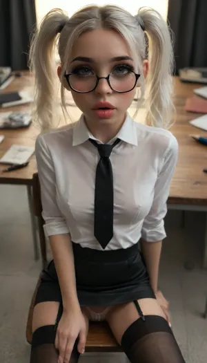 (((young))), (18 yo:1.3), (eyes wide open, big lips), (horny face:1.2), (mouth opened), (big black long eyelashes), (erected nipples:.8), (blushing:1.1), ((white g-strings:1.4)), (skinny body:1.1), (black pencil micro skirt:1.5), (narrow waist:1.3), ((black tight stockings with garters:1.3)), (stockings with latex stripe), (white pigtails:1.4), (rectangular glasses:1.4), (portrait view:1.5), slutty clothes, slim hourglass body, (overhead view), ((big hanging perky tits:1.2)), (athletic body:1.7), horny face, attractive body, (black makeup:1.5), (blue eyes), (In the last desk of the class), (big perky boobs:1.7), (view from front:1.4), ((black tie:1.2)), ((white transparent work shirt:1.8)), skinny, perfect skin, beautiful face, ultra high details, hdr, natural tits, (sitting on the chair:1.3), toned body, vivid colors, Stable-Yogis-Makeup-Enhancer-XL, detailxl, detailed eyes, movie, still, film, cinematic, shot, lighting, macro, 35mm, ((chiaroscuro lighting:1.4)), breasts, silhouette, <lora:DetailedEyes_V3:2>, <lora:AdvancedEnhancerXLv2:2>, <lora:style_lora_realis:2>, <lora:breasts silhouette XL:1.8>