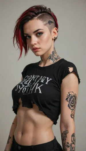 Gorgeous 33 year old hot punk woman, ripped shirt, side shave, tattoos and piercings, soakingwetclothes, <lora:soakingwetclothesXL:.8>, <lora:Wet_Makeup__Runny_Mascara-000006:.8>, detailxl