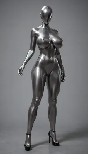 Aluminum-anthro, hyper aluminum body, sexy, aluminum face, aluminum heeled, huge aluminum breasts, slim, detailed aluminum woman face, wide stance, hard aluminum, dark aluminum, aluminum woman