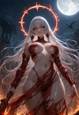8K, UHD, realistic, masterpiece, ((highly detailed face)), (eyes captivating, highly detailed eyes with vibrant irises, sharp reflections, and realistic eyelashes. The eyes should convey emotion and have a luminous, mesmerizing glow), ((close up view)), {a hauntingly beautiful, an ethereally captivating, a dangerously alluring} {woman, girl, figure} standing {silhouetted against, bathed in the glow of} a {massive, crimson, ominous} full moon, her {pale, porcelain, golden} skin {glistening, dusted with faint sweat, marked with arcane sigils}. Her {partially nude, lingerie-clad, ragged silk-draped} body is {lithe, voluptuous, whipcord lean}, the {straps, chains, tattered fabric} of her {outfit, armor, ceremonial garb} {clinging, barely containing, artfully revealing} {every curve, the promise of violence, ancient scars}. The {close-up, intimate framing, tightly cropped composition} focuses on her {smoldering, half-lidded, piercing} {amber, violet, void-black} eyes, {lips parted, a smirk playing, blood trickling from her mouth} as {wind-tousled, swept-back, braided} {raven, silver, blood-red} hair {floats, clings, writhes like smoke} around her {delicate, sharply defined} features. The background {dissolves into, is consumed by} {swirling mist, a city in ruins, a field of withered flowers}, the moon casting {long shadows, an eerie halo, a sickly glow} that {accentuates, devours} her {otherworldly, predatory, unhinged} aura. {Floating embers, Crows in flight} add {drama, movement, foreboding}, while the {texture of her skin, glint of the blade, subtle flush of her chest} invites the viewer {closer, to their doom}. Art style, {hyper-realistic oil painting, dark fantasy anime, gritty comic book noir}, mood, {seductively lethal, coldly calculating, madness-tinged ecstasy}., DonM5cy7h3XL, scythe, detailxl, <lora:DonM5cy7h3XL-v1.1-000006:.8>, <lora:xl_more_art-full_v1:.8>, <lora:SDXLHighDetail_v6-000005:.8>, <lora:Vivid Midjourney mimic - XL SDXL v2.0:.8>