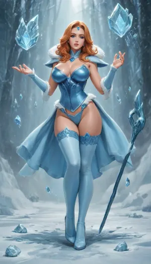 (reiq style), Dota 2, (crystal maiden from Dota 2:1.2), (ice Mage:1.3), (magical pose:1.5), adult woman, 22 years old, full-length, orange hair, blue eyes, beautiful face, big breasts under a red corset, stockings with garters, beautiful underwear, (huge hips:.6), Ice staff in hand, white fur hood, cold, (eroticism:1.6), <lora:cartoon_stickers_xl_v1:1.2>, <lora:ratatatat74-000050:.8>