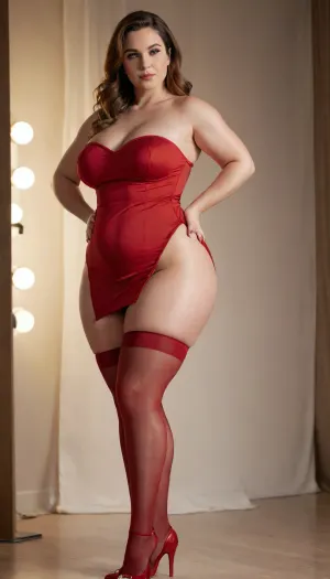 "A thick fat milf with oversize boobs, standing center frame, legs slightly apart, subtle hip shift, arms elegantly bent with hands lightly grazing waist, head slightly tilted forward, piercing calm gaze at camera, soft natural confident smile, sculpted strapless red mini dress with asymmetric hem, matching red sheer stockings and heels, ultra-realistic skin texture, hair with natural volume, cinematic studio lighting creating gentle shadow contours

She wears a sculpted, strapless red mini dress with an asymmetric hem, paired with matching red sheer stockings and elegant heels. Every detail is meticulously captured, naturally voluminous hair, and delicate shadows sculpted by cinematic soft studio lighting.

The minimalist luxury interior complements the scene, giving it a Vogue magazine editorial feel. Shot in 8K ultra-detailed resolution with shallow depth of field, the portrait emphasizes depth and focus while maintaining a glamorous, high-fashion aesthetic. Perfect for anyone seeking editorial perfection, fashion inspiration, or photorealistic art reference Style, Photorealistic, flat, chest, huge, gigantic, small, hips, thighs, wide, thick, belly, muscular, female, arms, extra, abs, <lora:Venus_Body_Alpha:.8>, plump, skindentation, chubby, bbw, venus, body, big, breasts, ass, <lora:Chubby BBW - XL:.8>
