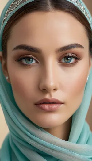 Luxury beauty campaign close-up portrait of an adult Middle Eastern woman, perfectly centered, head and shoulders framing.

Flawless, idealized face with absolute symmetry, harmonious proportions, sculpted cheekbones, smooth luminous porcelain skin, zero imperfections.

Striking light blue-green eyes, crystal clear, intense and captivating, framed by perfectly shaped brows and long refined lashes.

Lips full and balanced, softly defined, natural elegant tone.

She wears an elegant patterned veil/scarf in muted earth tones, precisely draped to frame the face and enhance symmetry.

High-end beauty lighting, soft and even, frontal with subtle contour highlights, no harsh shadows.

Neutral textured background, softly blurred.

Ultra-luxury beauty editorial, cosmetics advertising quality, immaculate skin rendering, sharp focus on eyes, photorealistic, ultra-detailed.