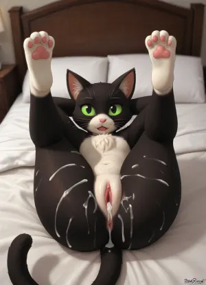 Cat, black fur, black body, glistening body, glistening eyes, black eyes, green sclera, detailed eyes, wide hips, pussy out, tail, white chest, average ears, nude, lying, legs up, hands behind head, looks at viewer, paws, bedroom, solo focus, miso souperstar, after sex, Creampie, cum everywhere, cum on her body, cum on her face, cum in her mouth