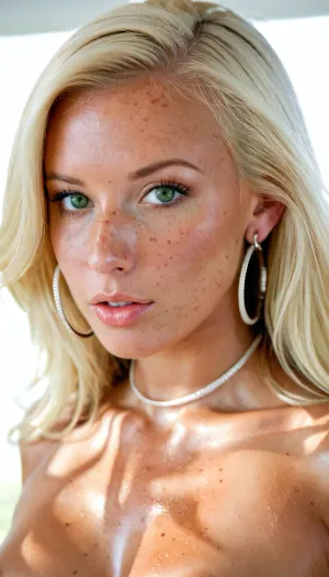 Breathtaking 32 year old woman, petite, smooth silky long hair, platinum Blonde, green eyes, medium fake perky breasts, tanned skin, realistic, glamour, hoop earrings, necklace, detailed, eyes, perfect, freckles, skin, texture, photorealistic, macro shot, depth of field, soft front light, HDR, (muted colors:1.2), Canon RF 100mm F2.8L Macro IS USM, <lora:Super_Eye_Detailer_By_Stable_Yogi_SDPD0:.8>