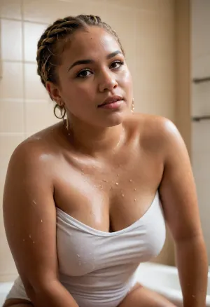 chubby Mixed-race model with bronzed skin kneels in steamy bathroom, soaked white t-shirt slipping off one shoulder, honey-blonde Fulani braids framing face, water droplets on toned thighs, intense gaze through cinematic lighting with shallow depth of field, photorealistic skin texture and fabric details. shirt is completely soaked

huge tits, big thighs, plump, skindentation, chubby, bbw, venus, body, big, breasts, ass, <lora:Chubby BBW - XL:1.8>