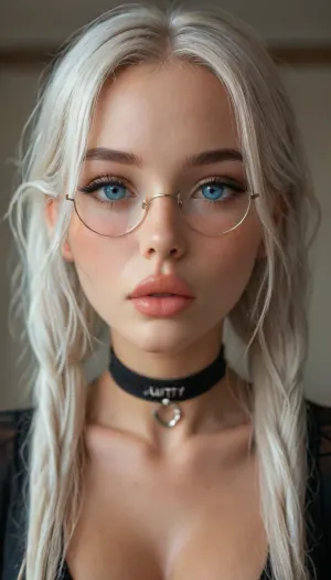 score_9, score_8_up, score_7_up, score_6_up, 1girl, pale, (looking at viewer slutty expression with kiss lips:1.6), black round glasses, goth makeup, black lipstick, ((very long white pigtails)), choker, giant tits, half body, detailxl, 4ng3l, face, <lora:MJ52:.8>, <lora:attractive_notrigger:.8>, <lora:SDXL_BetterFaces-LoRA_v1:.8>