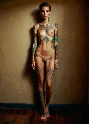 ((Fully tatuated woman)), full body view, small tits, ((very skinny)), feet