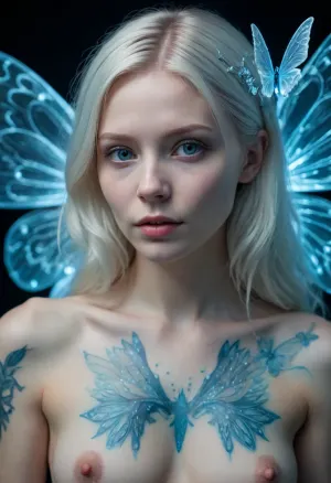 magical abstraction, (blue biolumenescent magical glow:1.4), (blue tattooes:1.2), skinny woman, (pale skin:1.1), long white hair, delicate and beautiful, naked, butterflies, upper body, cloudy night, (intricate details:.9), fairy wings, wings