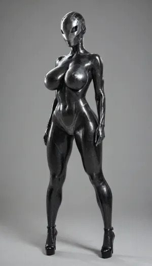 Aluminum-anthro, hyper aluminum body, sexy, aluminum face, aluminum heeled, huge aluminum breasts, slim, detailed aluminum woman face, wide stance, hard aluminum