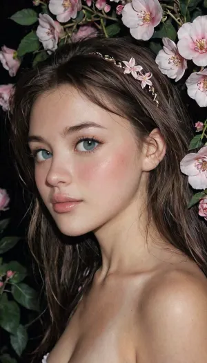 Side angle, looking up, small little body, small ass, youthful, cute features, small nose, very detailed huge eyes, perky round tits, extremely detailed face, Night, dark, spotlight, cute Pink fantasy, fantasy land, pink foliage, pink flowers, photograph, girl, beautiful, large puffy lips, xdlx, style, very, focused, flash, photo, cn1990s, <lora:xdlx_style:2>, <lora:sdxl_darkflash_v6-000060:2>, <lora:cn1990s_v1.0:2>, green, eyes, blue, brown, perfecteyes, <lora:PerfectEyesXL:.8>