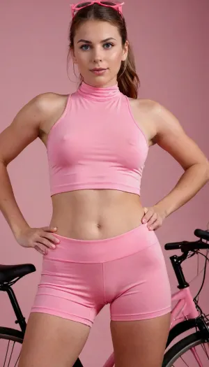 extreme detail, bedroom, well illuminated scene, woman, 25years old, brown straight hair, close up, hourglass figure, lean body, (front view), gaping pussy, big pussy, swollen pussy lips, (deep cameltoe:1.3), (pink, long bike shorts:1.5), (realistic bike shorts:1.2), well illuminated bike shorts, very tight shorts, extremely realistic fabric, standing, (wide legs), medium round breasts, professional, 8k, highly detailed, extreme realism, red ribbon choker, fluffy bunny ears, visible face, braless, Wearing, clothes, that, make, sense, with, Braless>, <lora:bralessSDXL_v1_00022:.8>, bike, shorts, <lora:bike shorts_XL_V1.0:.8>, <lora:PantyPull-000005:.8>