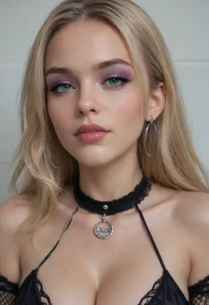 (goth woman), solo, The 30 year old woman has Long blonde hair with bell-shaped bangs and dark green eyes, sexy fishnet goth outfit., (heavy purple eyeshadow:1.3), and lavender hoop earrings, (adult Hourglass figure), cleavage, (massive tits:.1), medium hips, extreme seductive look, (sexy confident pose:1.5), (zoom in, close-up)