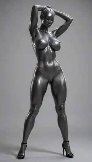 Aluminum-anthro, hyper aluminum body, sexy, aluminum face, aluminum heeled, huge aluminum breasts, slim, detailed aluminum woman face, aluminum skin, serious pose, hard aluminum, dark aluminum, aluminum human head, beautiful, lifting machine above head