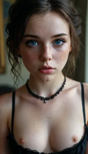 18 year old, ripped revealing clothes, goth, large breasts, full body view, Tinymodel, young, sch00lgirl, pretty young, Young girls, perfect face, blue eyes, cute, closeup, petite body, smokey eyes, full body photo, beautiful face, fluxenh4nce, freckles, <lora:MJ52:.3>, <lora:FLUXEnh4nce:.8>, <lora:SdXL_better freckles_epoch_16:.8>