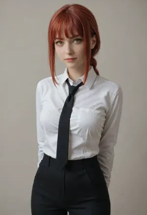 1girl, solo, makima_\, (chainsaw_man\), shirt, necktie, braid, black_pants, looking_at_viewer, white_shirt, pants, braided_ponytail, breasts, black_necktie, long_hair, white_background, simple_background, collared_shirt, long_sleeves, smile, red_hair, arms_behind_back, yellow_eyes, medium_breasts, bangs, shirt_tucked_in, closed_mouth, ringed_eyes, <lora:玛奇玛:.5>