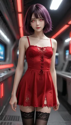 Charming petite girl, (Multicolour red_purple Hairstyle), (charming eyes, bright glowing pupils:1.5), Night, (flatchest:1.1), (1 extremely beautiful girl standing in a spaceship with red lighting:1.3), dark, chiaroscuro, low-key, UHD 8K, extreme realism, maximum detail, Gothic girl, cute, charming girl, looking directly at the viewer, a light inviting smile, slender figure, black+red Long satin transparent dress, dress with ragged edges, beautiful elastic ass, sexy feminine hips, sexy legs, small breasts in lace armor bra, in red armor corset, black sexy lace stockings, torn stockings, red glowing pupils, all in black+red shades, black+red eyes, black+red makeup, black+red jewelry, black+red glowing background, multicolour glossy black+red
