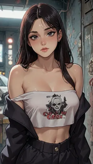 ((Melkor mancin meet markgavatino style)), reiq style, 1girl, straight long hair, black hair, garage background, wearing a crop top off shoulder, (giant tits:1), pretty girl, blushing, goth make up, high contrast, (dramatic lighting:1), cyberpunk, edgerunners, <lora:LCMTurboMix_Euler_A_fix:.7>, <lora:EnvyBeautyXL02:2>, <lora:cyberpunk_edgerunners_style_sdxl:.9>, <lora:AshMilkshake_Illustrious_v1:1.9>