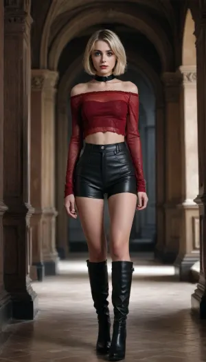 1 Girl, (25 Years old, FULL BODY, Clonated face, Extremely beautiful face), (Small breasts, Neat figure, Sturdy legs, Shapely legs, Petite), (Big grey eyes, Glowing eyes), (Short hair, Bob cut, Blonde), ., (In the dark palace of death), (Red off-the-shoulder crop top, mesh blouse over the top, black fitted leather pants, black fitted asymmetrical knee-high combat boots), (EXTREM LONG SHOT, FULL BODY, FROM HEAD TO TOE, PANORAMIC SHOT OF HER)