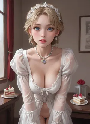A stunningly beautiful blonde fairytale Princess shining with Royal Pomp and Regal Splendor, (happy laughing face:1), (big beautiful natural saggy low hanging breasts:1.5), wearing a Stately and, (((Elaborate))), Royal Cinderella off-shoulders Ballgown of Silver and White Brocade, with, At Catherine's ball, Count Orlov brings a huge cake, and Tsarina Ekaterina appears from the cake, ((58 years old, MILF)), (completely naked, attractive), ((over-detailed professional photography)), masterpiece, photorealism, SLR camera, best quality, best resolution, with UHD resolution, perfect composition, combination of light and shadows, the brightest image, clear focus, depth of field, perfect body, large breasts, perfectly detailed skin texture, perfect symmetrical face, (perfectly detailed sparkling blue eyes), 32K, 30mm lens, 1/250 s, f/2.8, ISO 300, perfect breasts, perfect face with the inscription "fuck me", perfect lips, symmetrical face, long eyelashes, diamond necklace, (shaved pussy visible), no panties, a body in oil, ((peeks out of a huge birthday cake)), (((enormous puffed sleeves))), a stiffly boned, padded and corseted bodice, translucent dress an hourglass waist, a, (((huge crinoline hoopskirt))), and, (((bustle))), adorned with ribbons, bows, roses, lace, ruffles, frills, embroidery, and jewels, elaborately curled and styled hair, long white gloves, pearl and diamond necklace and earrings, downblouse, nipslip, <lora:RealDownblouseXL2:1>, (Jack cayless art style:.7), cartoon, low color palette, painted, illustration, made in illustrator, no gradients, incase style, sharp outlines, warm low palette, realistic lighting, (j_cartoon:1.5), Drawing, <lora:ratatatat74-000050:.9>, <lora:outline_xl_kohaku_delta_spv5x:.5>, <lora:cartoon_stickers_xl_v1:.6>, <lora:NEOTOKIOXL_0.2_RC:.4>
