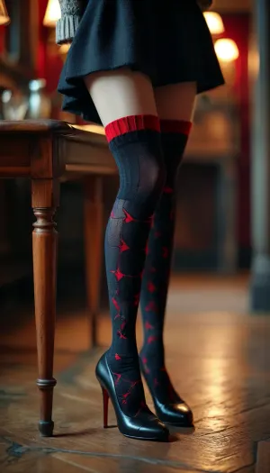 (Knee socks, wool, black geometric pattern, red seam), (masterpiece, best quality, high resolution:1.1), view of legs and high heels, <lora:add-detail-xl:1.2>, <lora:MJ52:.8>, <lora:BUT_SDXL_SHS:.8>