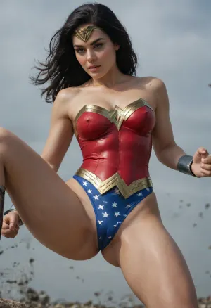 30 year old athletic woman, black hair, wearing Wonder Woman outfit, pokey nipples, sexy panties, (cameltoe), (pubic hair), action pose.
