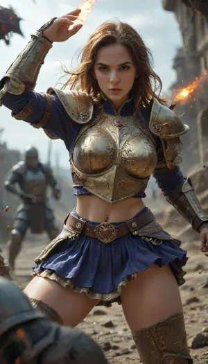 Anime art style, fantasy vibe, RPG, FEMALE knighT, (luscious hair), most luxurious knight armor, gold laces, jewels, ((exaggerating armour designs)), (bright neon colours), ((enhanced metallic texture)), skirt, (((detail face))), fighting stance, combat, battle, monsters goblins, 4ng3l, face, <lora:SDXL_BetterFaces-LoRA_v1:1.2>, <lora:style_lora_realis:1.8>