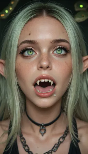(petite sexy gothic), elf ears, (masquera:1.2), (drooling, rolling eyes, moaning), (growing sharp snake fangs:1.2), vampire fangs, freckles, bright eyes, bright green eyes, glowing eye, Snake eyes, (snake pupils:1.3), <lora:SG2:.8>