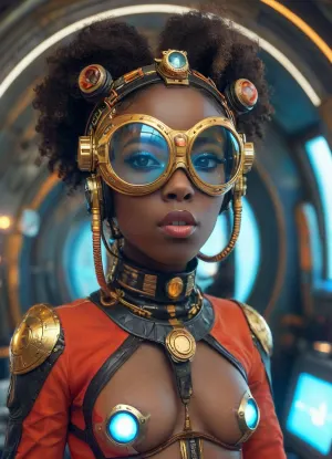 (18-year-old cute flirty Black spacegirl wearing retrofuturistic lounge wear is sucking a cock), (POV Blowjob:.8), (looking down from above on the face of a beautiful 18-year-old cute flirty Black spacegirl wearing a sexy shiny sci-fi outfit sucking a cock), (she is looking directly at the viewer), POV blowjob, The lower half of the frame is dominated by the view of looking down over POV man's widespread thighs and belly and pubic hair and big white cock, beautiful 18-year-old cute flirty Black spacegirl's mouth is around the shaft of the cock in a soft round circle, red lips, heavy make-up, hard eye-contact, beautiful eyes, perfect face, woman, sucking, a, cock, style, of, Afrofuturism, <lora:EnvyAstropunkXL01_Characters:.1>, <lora:WTS - WhatTheSuck - v1:.1>, <lora:Afrofuturist_Fashion:.1>, <lora:tbh324-sdxl:.1>