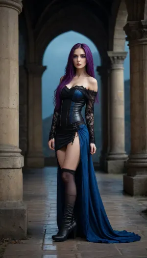 1 Girl, (27 Years old, FULL BODY, Clonated face), (Medium breasts, Athletic body, Brunette skin), (Electric blue eyes, Mysterious look), (Very long hair, Straight hair, Purple hair), ., (In a terrifying, dark, gothic-style castle at night), (Gothic off-the-shoulder dress with open midriff, see-through stocking fabric at the sides of the skirt, gothic style boots), (EXTREM LONG SHOT, FULL BODY, FROM HEAD TO TOE, PANORAMIC SHOT OF HER)