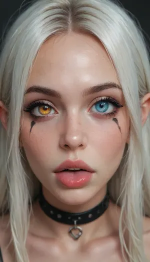 (petite sexy gothic), elf ears, (masquera:1.2), ((glamorous goth makeup)), (drooling, rolling eyes, moaning), A lot of drool, (growing sharp snake fangs:1.2), Snake tongue, vampire fangs, heterochromia, freckles, bright eyes, Different colored eyes, one green eye and one red eye, complete heterochromia, glowing eye, Heterochromia iridis, zavy-hrglw, <lora:SG2:.8>, <lora:zavy-hrglw-sdxl:.8>