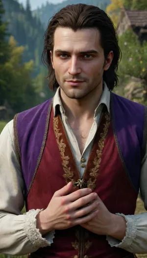 Dandelion from The Witcher 3.Picture a tall, slender man with wavy, dark hair that never seems to fall flat. His eyes always sparkle with mischief and a thirst for adventure, and a sly smile plays on his lips, hinting at his readiness for the next adventure. Dandelion favors bright and striking clothing, velvet waistcoats in rich colors, embroidered shirts with lace cuffs, and high boots, perfect for long journeys along dusty roads and dingy taverns. His hands, graceful and nimble, seem made for playing the lute and composing ballads. Several elegant rings can be seen on his fingers, emphasizing his status as a bard and a crowd favorite. An amulet or medallion, a gift from one of his many admirers, often adorns his neck.