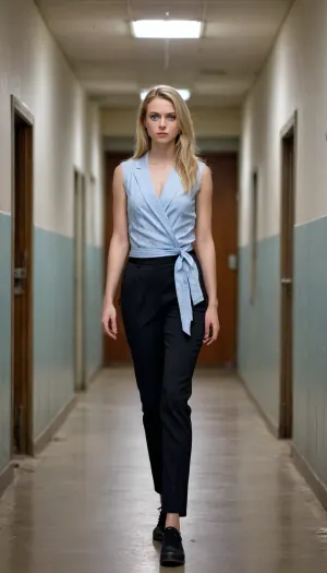 1 Girl, (30 Years old, FULL BODY, Clonated face), (FLAT CHEST, Skinny, Sturdy legs), (Big light blue eyes, Glowing eyes), (Medium hair, Straight hair, Blonde), ., (in the hallways of a terrifying abandoned school at night), (Orange double-breasted vest, elegant wide black belt, flared trousers with horizontal pastel stripes, sneakers), (EXTREM LONG SHOT, FULL BODY, FROM HEAD TO TOE, PANORAMIC SHOT OF HER)