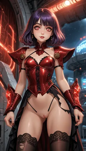 Charming petite girl, (Multicolour red_purple Hairstyle), (charming eyes, bright glowing pupils:1.5), Night, (flatchest:1.1), (1 extremely beautiful girl standing in a spaceship with red lighting:1.3), dark, chiaroscuro, low-key, UHD 8K, extreme realism, maximum detail, Gothic girl, cute, charming girl, looking directly at the viewer, a light inviting smile, slender figure, black+red Long satin transparent dress, dress with ragged edges, beautiful elastic ass, sexy feminine hips, sexy legs, small breasts in lace armor bra, in red armor corset, black sexy lace stockings, torn stockings, red glowing pupils, visible naked pussy n9 panties, all in black+red shades, black+red eyes, black+red makeup, black+red jewelry, black+red glowing background, multicolour glossy black+red, reiq style and Jack cayless art style, Cosmic fantasy artwork of an adult celestial empress squatting, <lora:LCMTurboMix_Euler_A_fix:1.4>, <lora:DetailedEyes_V3:2>, <lora:add-detail-xl:2>, <lora:SDXL Detail:2>