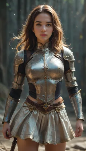 Anime style art, fantasy vibe, RPG, FEMALE knighT, (luscious hair), neat hair, most luxurious knight armor, gold laces, jewels, ((exaggerating exortic designs)), (neon colour scheme), ((enhanced metallic texture)), skirt, cheerful, youthful, (((detail face))), princess face, combat stance, 4ng3l, face, <lora:SDXL_BetterFaces-LoRA_v1:1.2>, <lora:style_lora_realis:1.8>