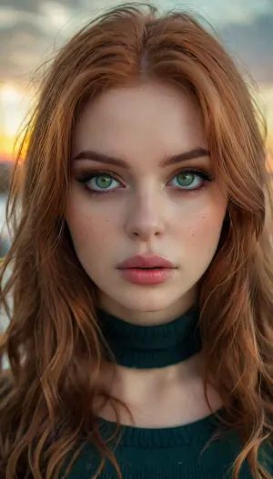 girl wearing a black micro dress, sweater, big green eyes, overknee winter boots, long hair, seductive eyes, cute face, sweedish girl, redhead, soft lips, extreme snatched waist, dynamic angle, autumn fashion, sunset, nia, 1girl, green, eyes, blue, brown, perfecteyes, 4ng3l, face, <lora:PerfectEyesXL:1.1>, <lora:Stunning_eyes_2:.9>, <lora:style_lora_realis:2>, <lora:SDXL_BetterFaces-LoRA_v1:1.7>