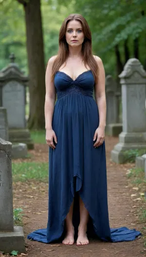 1 chubby girl, (57 Years old, FULL BODY, Clonated face), (Flat chest, Small saggy breasts, Chubby body, Leafy legs), (Blue eyes, sensual look), (Long hair, Straight hair, Reddish brown hair), ., (In a scary cemetery), (Sexy open dress), (EXTREM LONG SHOT, FULL BODY, FROM HEAD TO TOE, PANORAMIC SHOT OF HER)