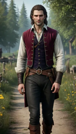 Dandelion from The Witcher 3.Picture a tall, slender man with wavy, dark hair that never seems to fall flat. His eyes always sparkle with mischief and a thirst for adventure, and a sly smile plays on his lips, hinting at his readiness for the next adventure. Dandelion favors bright and striking clothing, velvet waistcoats in rich colors, embroidered shirts with lace cuffs, and high boots, perfect for long journeys along dusty roads and dingy taverns. His hands, graceful and nimble, seem made for playing the lute and composing ballads. Several elegant rings can be seen on his fingers, emphasizing his status as a bard and a crowd favorite. An amulet or medallion, a gift from one of his many admirers, often adorns his neck.