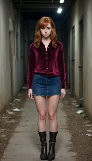1Girl, (25 Years old, FULL BODY, Clonated face), (FLAT CHEST, Skinny, Sturdy legs), (Angry big hazel eyes, Glowing eyes), (Medium hair, Bangs, Redhead), ., (In a terrifying abandoned school at night), (Fitted wine-colored velvet shirt, wide denim mini skirt, wine-colored rock metal style boots), (EXTREM LONG SHOT, FULL BODY, FROM HEAD TO TOE, PANORAMIC SHOT OF HER)