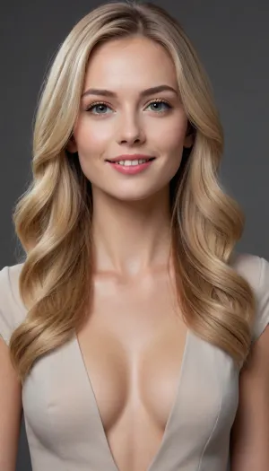 A stylized AI illustration portrait of the same woman shown consistently across multiple angles. She has fair skin, long straight blonde hair parted near the center, and clear light-colored eyes. Her facial features are elegant and well-defined, with a confident, friendly expression and a natural smile. Slim face shape, subtle makeup, and a modern, professional appearance.

Clean digital illustration style with semi-realistic proportions, smooth shading, soft highlights, and refined line work. Modern corporate look, dark or neutral background, soft ambient lighting. High detail, cohesive character consistency, polished and approachable style suitable for professional branding or profile use.

full body view, nude, naked, no close