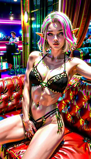 two androgynous elf men seated on a plush velvet couch in the dim, neon-lit interior of a high-end trans strip club. The elf on the left leans back, head tilted in pleasure, his long silver hair cascading over the couch's armrest, lips parted in a breathy sigh. His slender fingers grip the velvet upholstery as the other elf kneels between his spread thighs, servicing him with focused intensity, one hand resting possessively on his thigh. Around them, voluptuous shemale dancers sway on stage