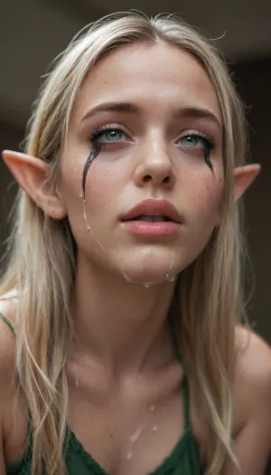 Elf, elf ears, pointed ears, ejaculate in the face, stained makeup, crying, closed mouth, biting lip, exhausted, realistic ejaculation, liquid ejaculation, realistic orgasms, open mouth, rolling eyes, black mascara, mordant, clean, lip, bukkake, cum, of, below, shoes, delicate, detailed, eyes